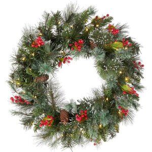 24" Pre-Lit Artificial Christmas Wreath - Green Pine, White Lights, Pine Cones